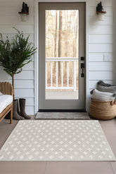 Handwoven Topanga Lucille wool geometric rug styled in a modern living room